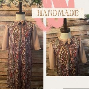 HandmadeTan and Pink/Multicolor Paisley Little Girls Scrappy Bow Dress